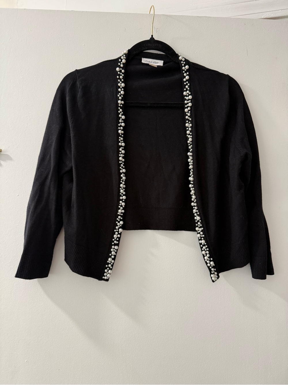 Calvin Klein Black Cropped Cardigan with Pearl Trim